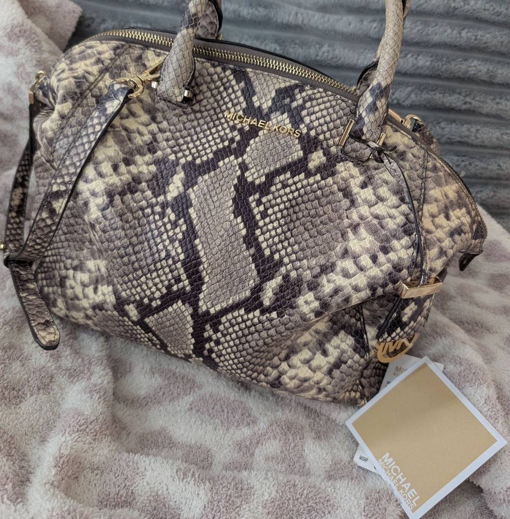 Michael Kors Black and Cream Snake Print Satchel